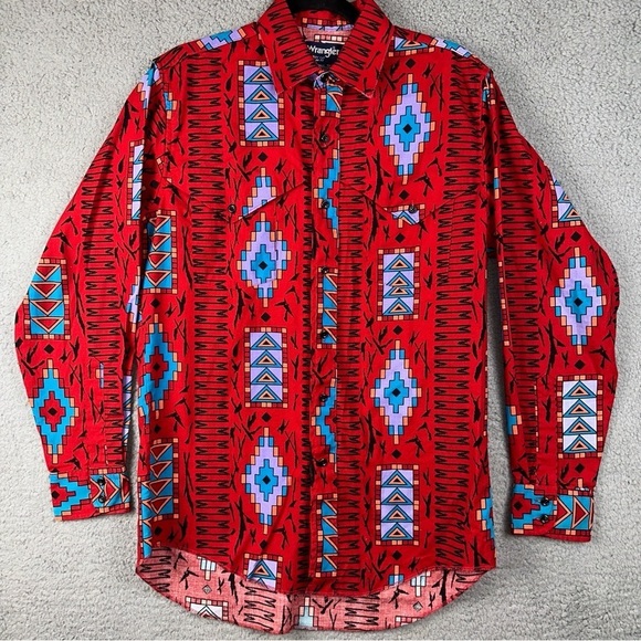 Wrangler Shirt Mens 15.5x33 Red Vintage Cowboy Cut Aztec Regular Fit X-Long Tail - Picture 1 of 14